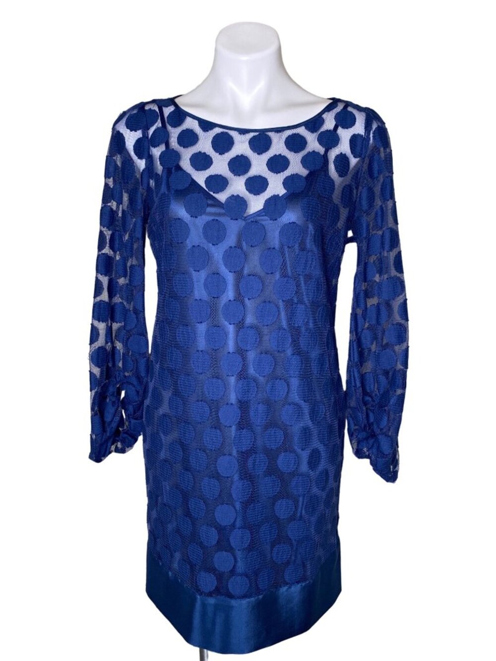Laundry By Shelli Segal NWT Women's Blue Polka Dot Sheer Overlay Dress, Size 8